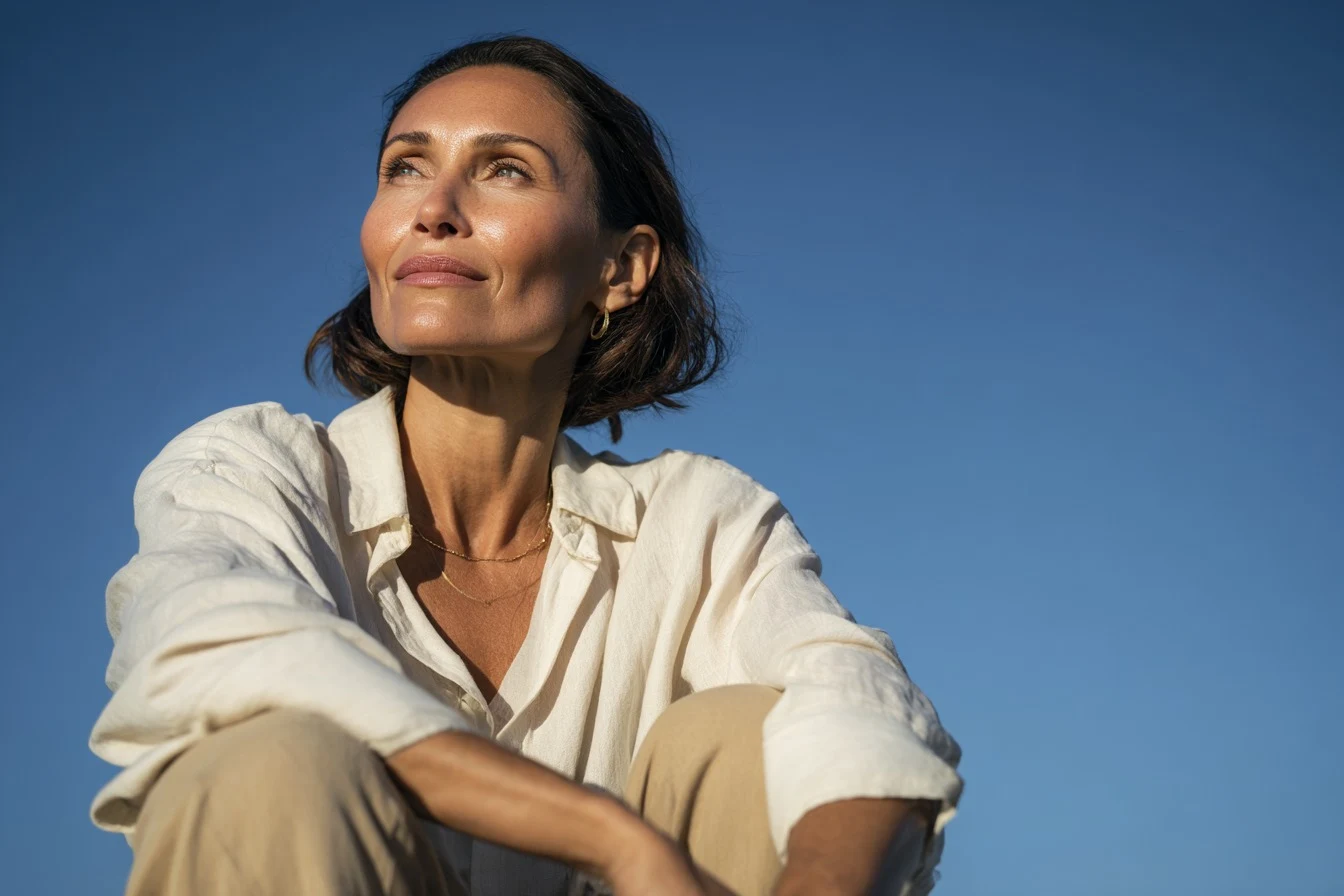 A woman in the sun, looking towards the horizon