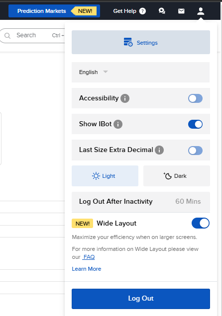 IBKR Client Portal menu opened from the person icon in the top-right corner, with Settings at the top of the panel