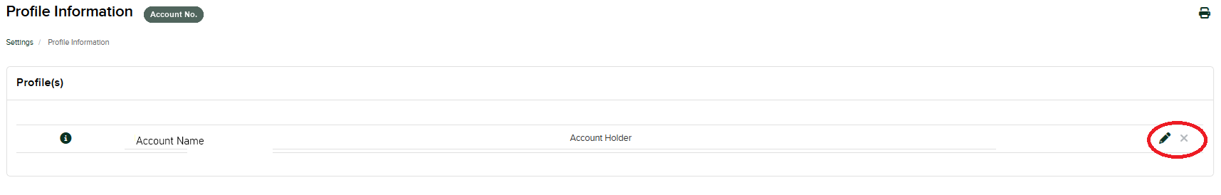 Profile Information page with the account holder row and the pencil edit icon circled on the right
