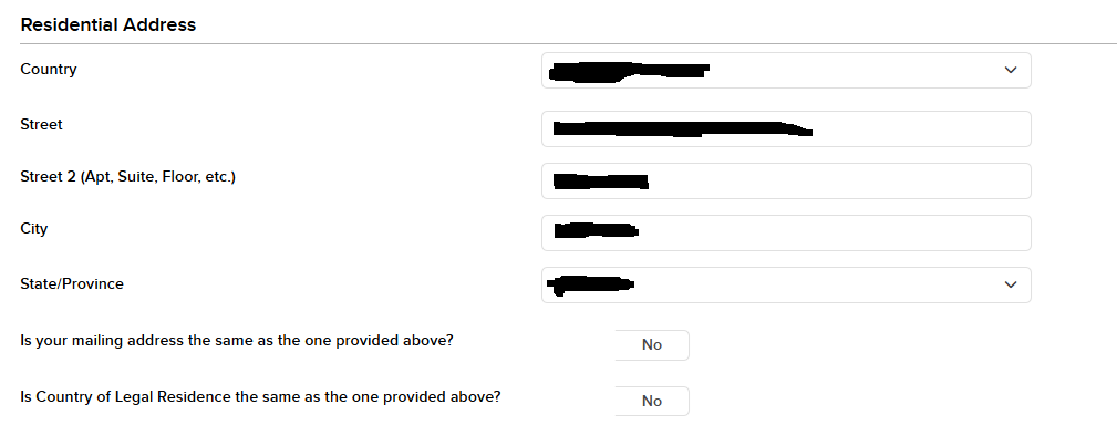 Residential Address form with fields for country, street, street 2, city, and state or province