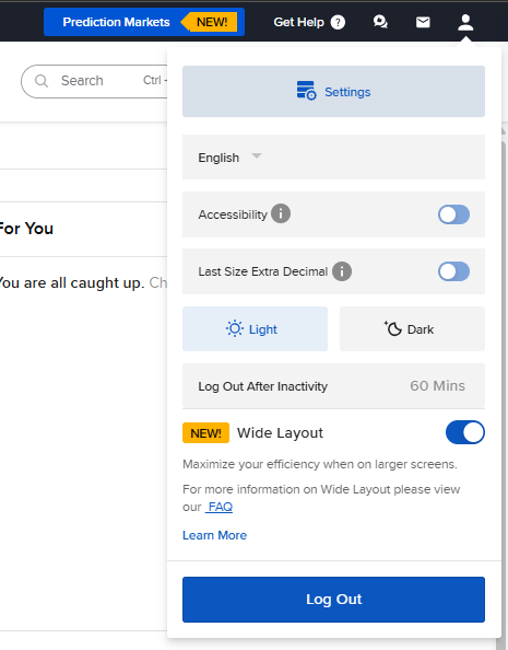 IBKR Client Portal user menu dropdown with the Settings option highlighted