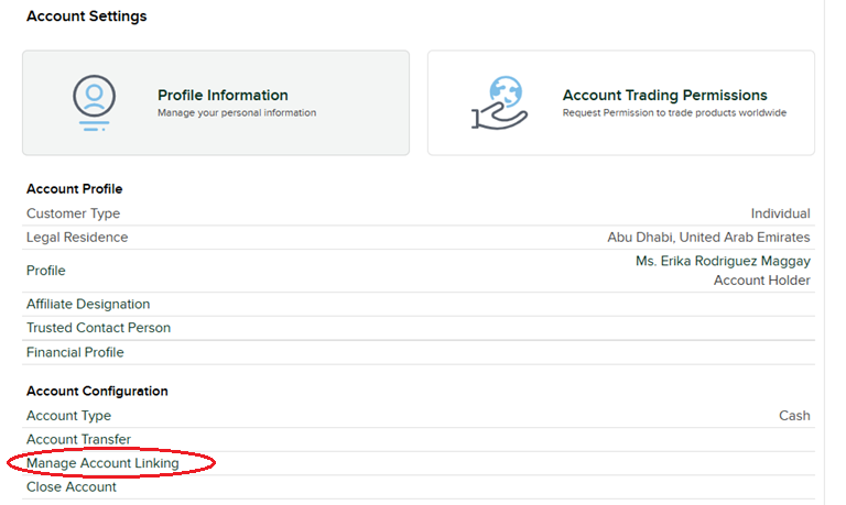 IBKR Account Settings page with 'Manage Account Linking' circled under Account Configuration