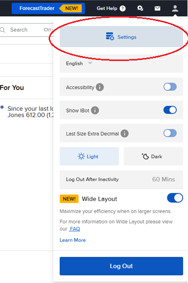 IBKR user menu dropdown showing the Settings option highlighted at the top