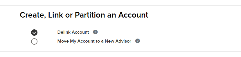 IBKR 'Create, Link or Partition an Account' screen with 'Delink Account' selected