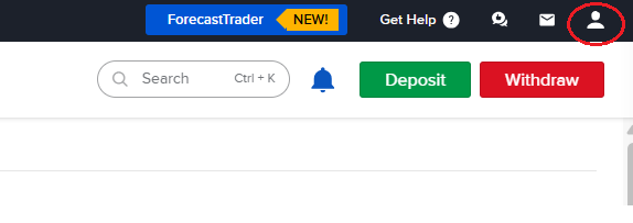 IBKR Client Portal top navigation bar with the profile icon circled in the top-right corner