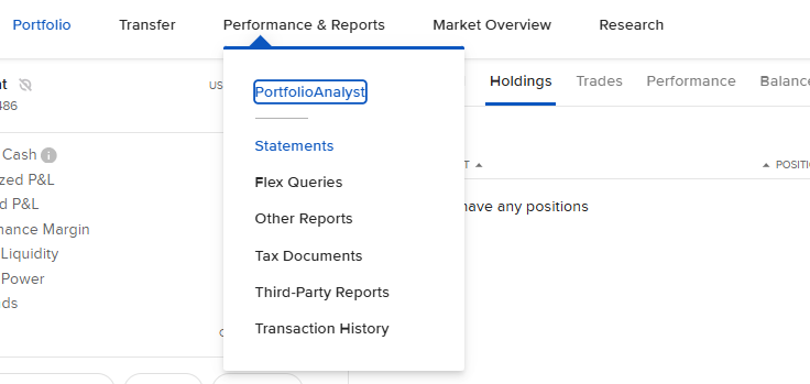Performance & Reports dropdown menu open, showing PortfolioAnalyst, Statements, Flex Queries, Other Reports, Tax Documents, Third-Party Reports, Transaction History