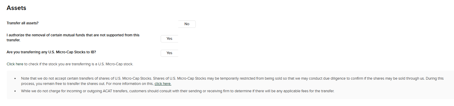 Assets section with 'Transfer all assets?' toggle set to No, and options to authorize removal of unsupported mutual funds