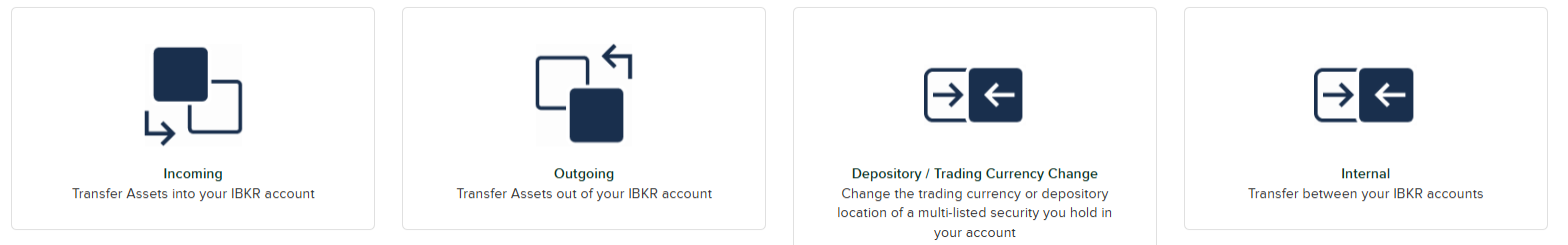 Four transfer direction options: Incoming, Outgoing, Depository/Trading Currency Change, and Internal