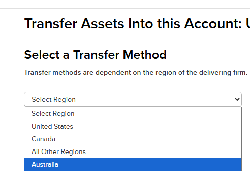 Select a Transfer Method page with a Select Region dropdown open, showing United States, Canada, All Other Regions, and Australia
