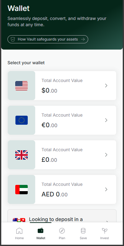 Vault wallet screen listing USD, EUR, GBP, and AED cash accounts