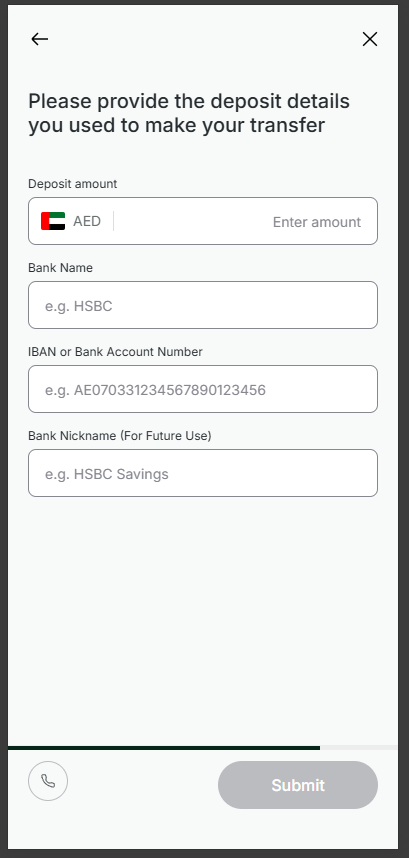 Form asking for deposit amount, bank name, IBAN or bank account number, and bank nickname