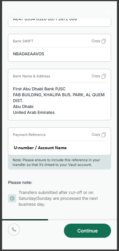 Lower portion of payment details screen showing the Payment Reference field and a Continue button