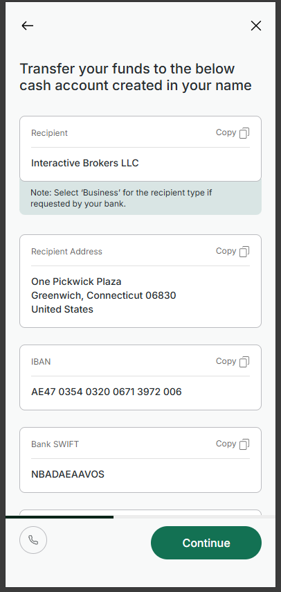 Payment details screen showing recipient, recipient address, IBAN, and Bank SWIFT