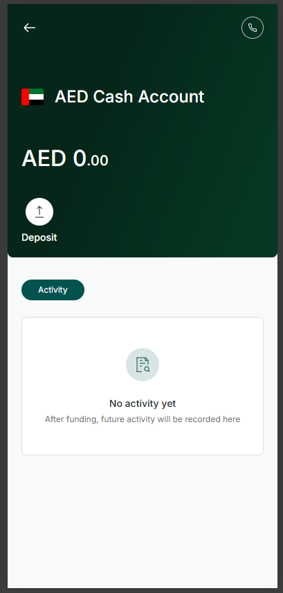AED Cash Account screen with a Deposit button