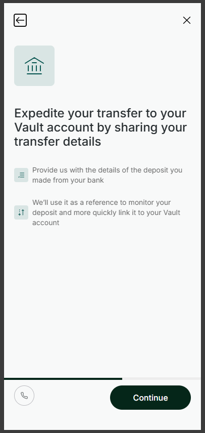 Screen prompting you to expedite your transfer by sharing your transfer details with Vault