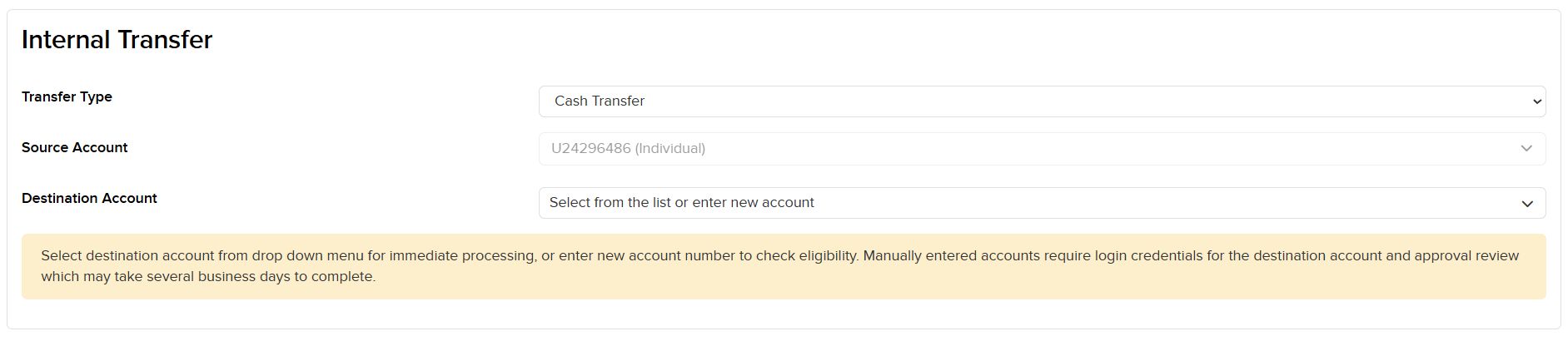 IBKR Internal Transfer form showing Transfer Type set to Cash Transfer, Source Account, and Destination Account fields