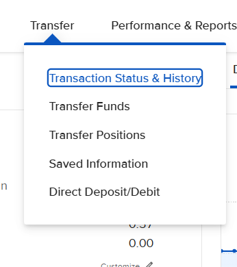 IBKR top navigation Transfer menu open, showing Transfer Funds and Transfer Positions options