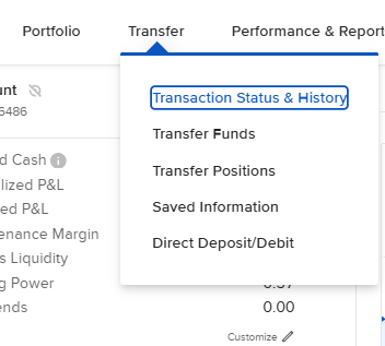 IBKR top navigation Transfer menu open, showing Transfer Funds and Transfer Positions options