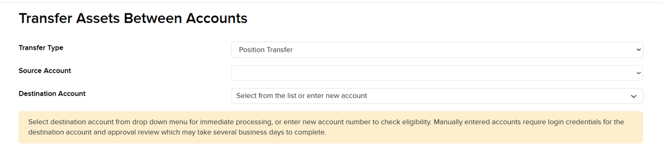 IBKR Transfer Assets Between Accounts form showing Transfer Type set to Position Transfer, Source Account, and Destination Account fields