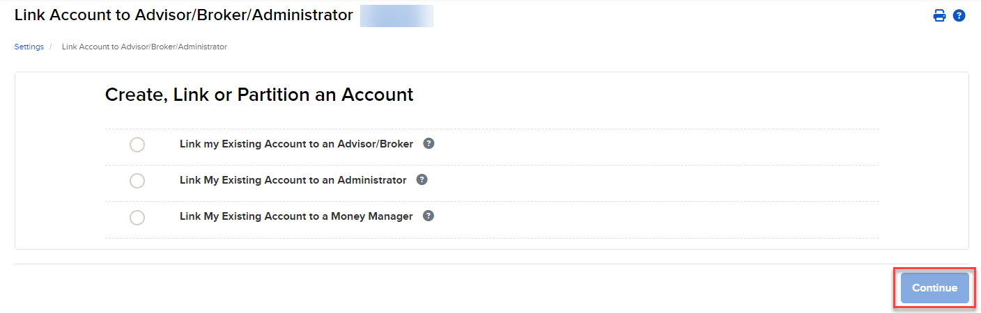 IBKR 'Create, Link or Partition an Account' screen with 'Link my Existing Account to an Advisor/Broker' as the first option