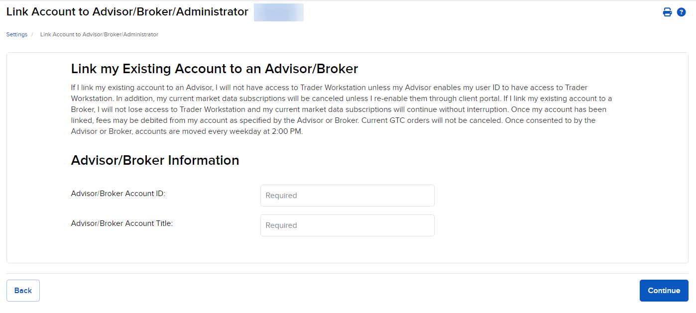 IBKR 'Link my Existing Account to an Advisor/Broker' form with Advisor/Broker Account ID and Account Title fields