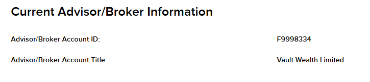 IBKR Current Advisor/Broker Information showing Account ID F9998334 and Account Title Vault Wealth Limited