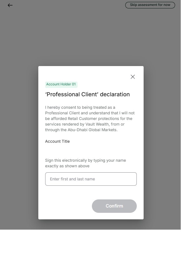 Vault app Professional Client declaration modal with a field to type your name to sign electronically