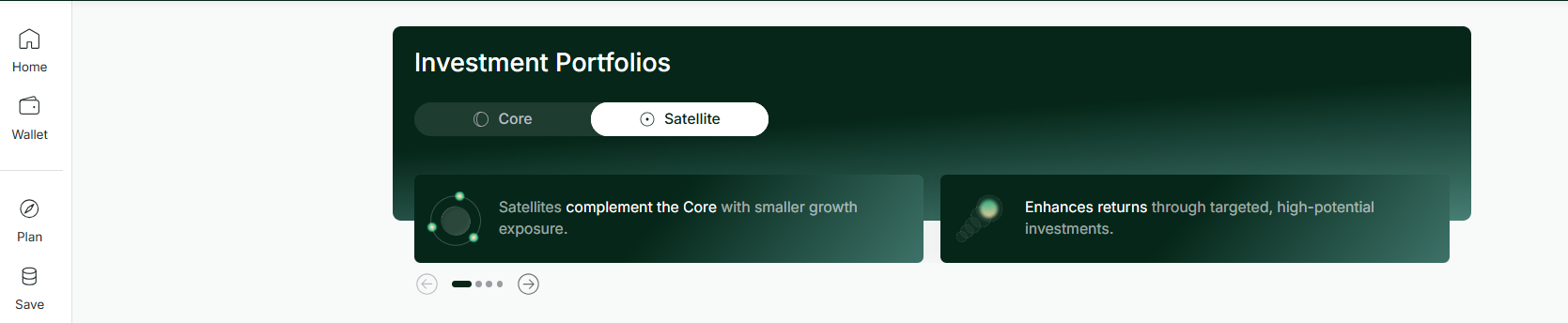 Vault web app Investment Portfolios screen with the Satellite tab selected