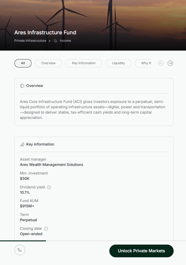 Vault web app portfolio detail page for Ares Infrastructure Fund with an Unlock Private Markets button at the bottom