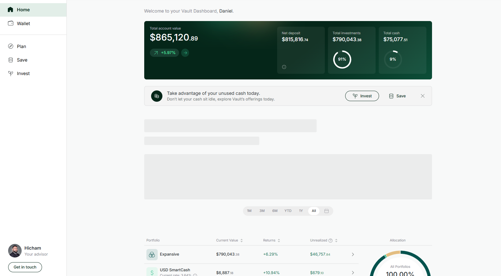 Vault web dashboard with the Invest option in the left sidebar