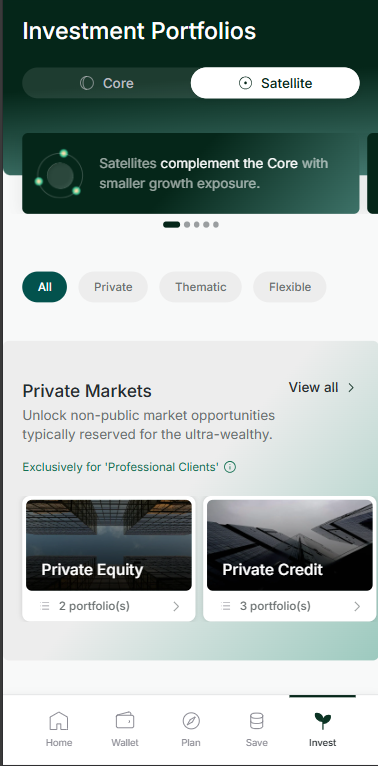 Vault app Investment Portfolios screen with Satellite tab selected, showing Private Markets section
