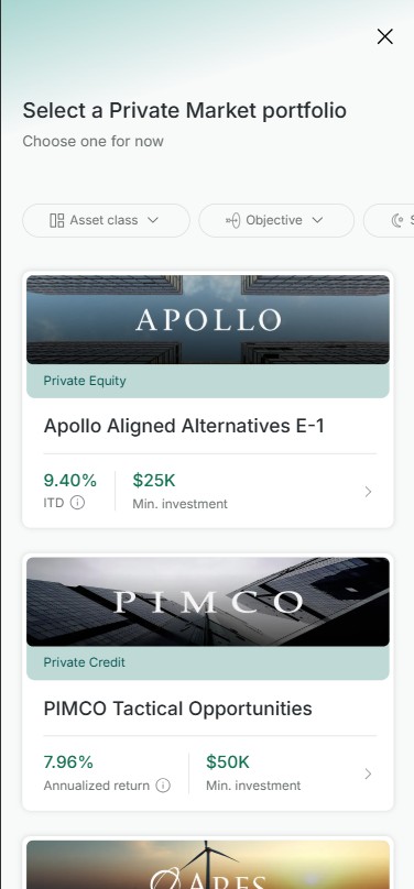 Vault app showing a list of Private Market portfolios including Apollo and PIMCO funds