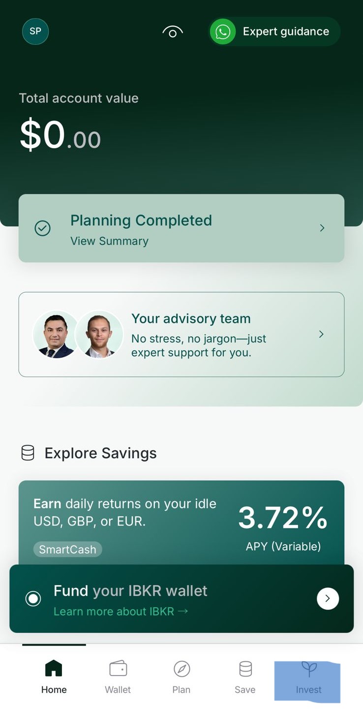 Vault mobile app home screen with the Invest tab highlighted in the bottom navigation bar