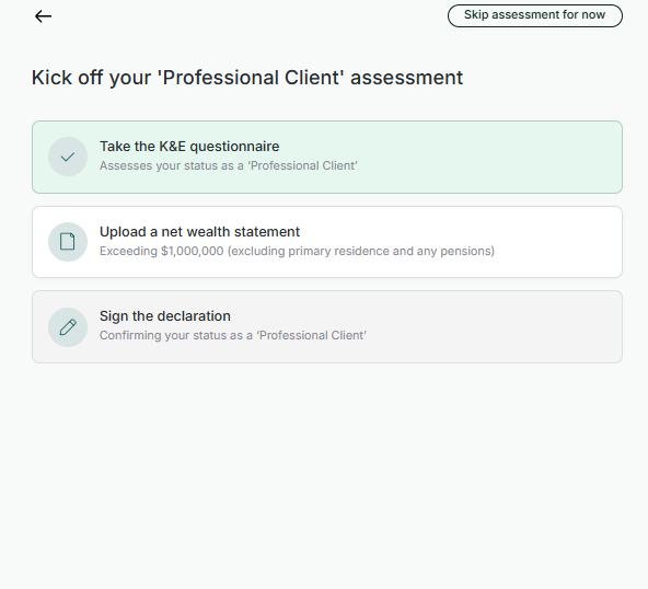 Vault web app Professional Client assessment checklist showing K&E questionnaire completed, and upload net wealth statement and sign the declaration still pending