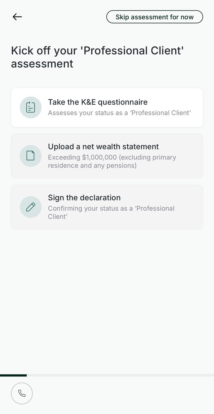 Vault app Professional Client assessment screen listing steps: K&E questionnaire, upload net wealth statement, and sign the declaration