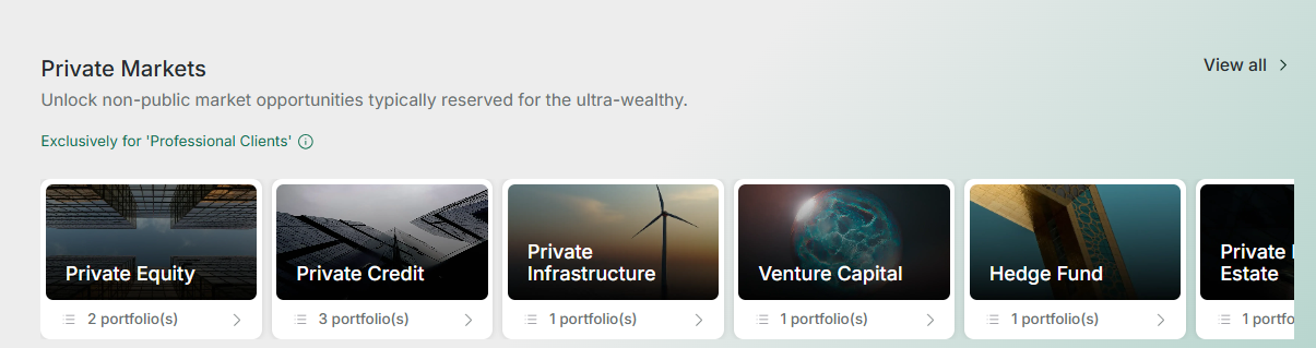 Vault web app Private Markets section showing Private Equity, Private Credit, Private Infrastructure, Venture Capital, Hedge Fund, and Private Estate tiles