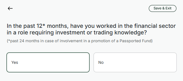 Questionnaire screen: In the past 12 months, have you worked in the financial sector in a role requiring investment or trading knowledge?
