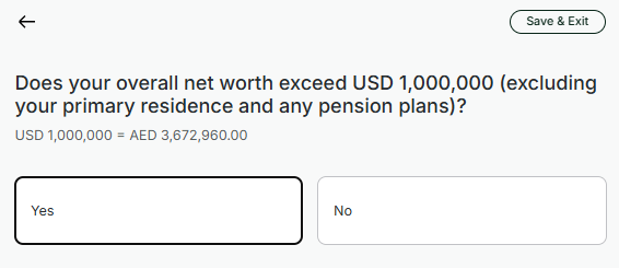 Questionnaire screen: Does your overall net worth exceed USD 1,000,000 (excluding your primary residence and any pension plans)?
