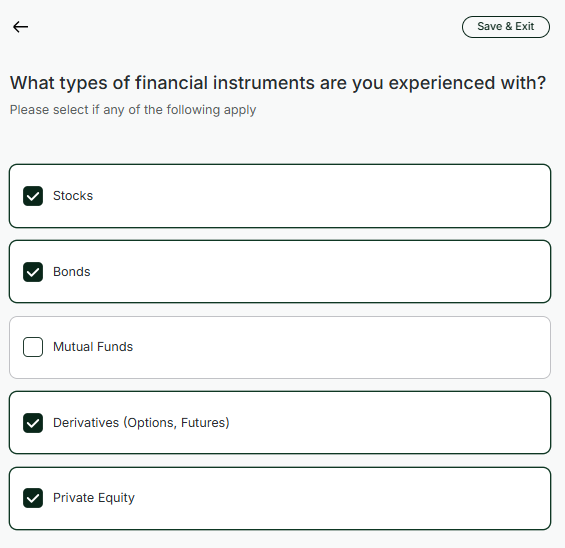 Questionnaire screen: What types of financial instruments are you experienced with? Stocks, Bonds, Derivatives (Options, Futures), and Private Equity are checked.