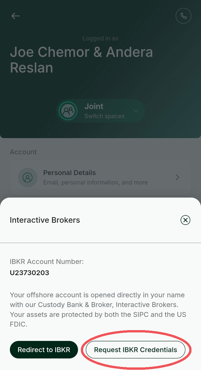Vault app Interactive Brokers screen showing the Request IBKR Credentials button