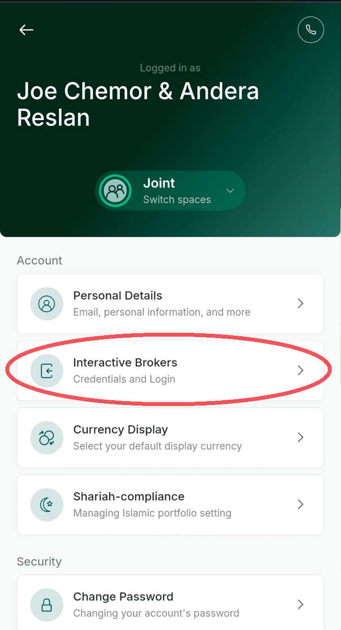 Vault app account settings screen with Interactive Brokers highlighted