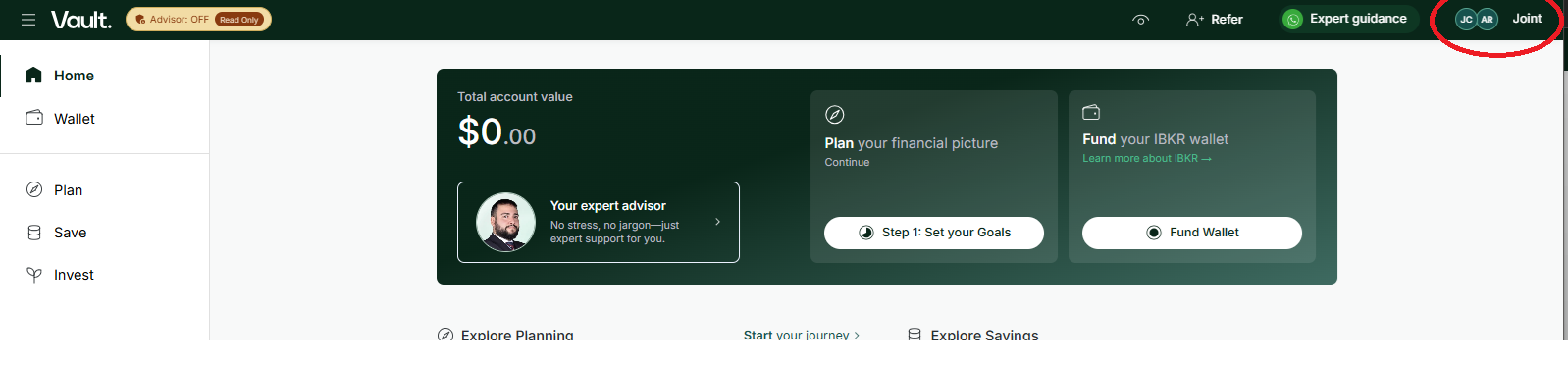 Vault web dashboard with the profile avatar circled in the top-right corner