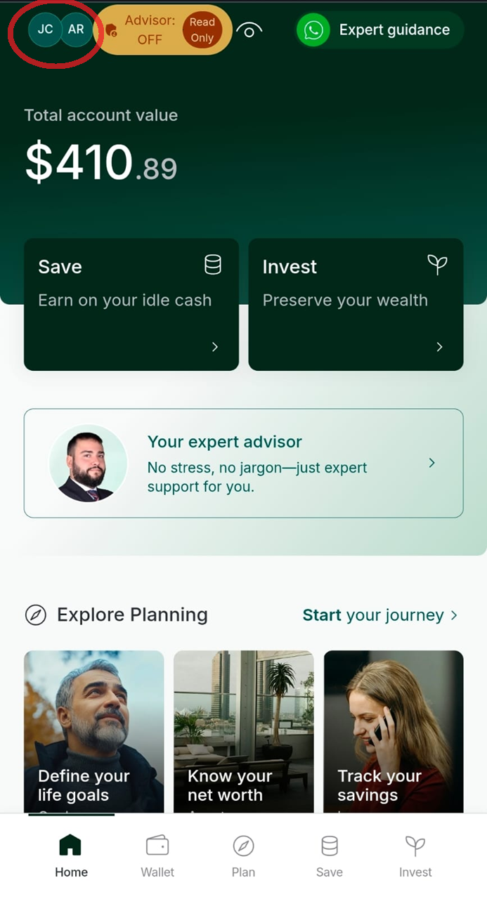 Vault mobile app home screen with the profile avatar circled in the top-left corner