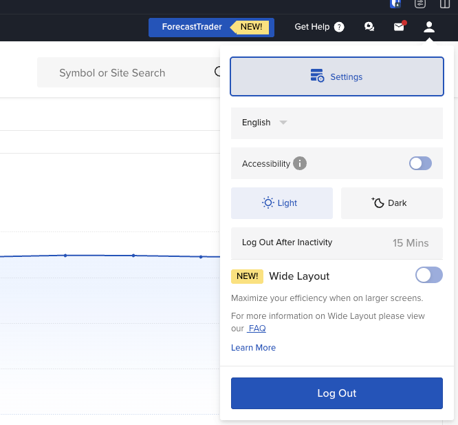IBKR Client Portal Settings dropdown open in the top-right corner
