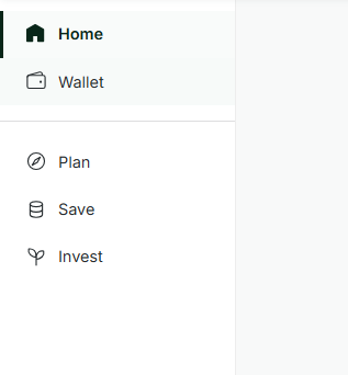 Vault platform left-hand navigation with Home, Wallet, Plan, Save, and Invest, with Wallet below Home