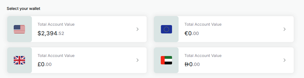 Select your wallet screen showing USD, EUR, GBP, and AED cash accounts with their total account values