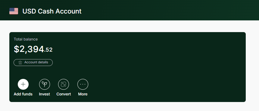USD Cash Account screen showing the total balance and the Add funds, Invest, Convert, and More buttons