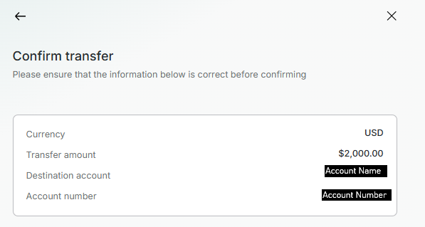 Confirm transfer screen listing currency, transfer amount, destination account, and account number for review