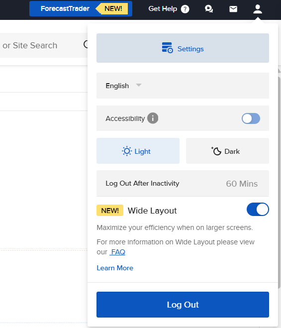 IBKR Client Portal Settings dropdown open in the top-right corner