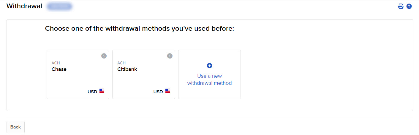 Withdrawal screen showing previously used methods (Chase, Citibank) and a 'Use a new withdrawal method' option